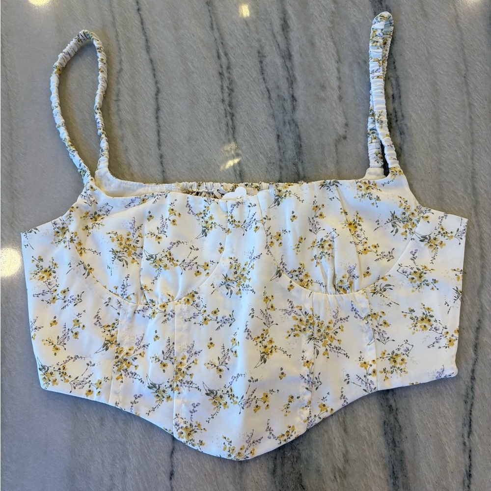 Floral White and Yellow Cropped Cami Top